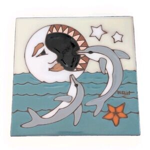 Vintage 90s EARTHTONES Celestial Trivet Tile Decor Mystic Moon Sun 6" USA Signed